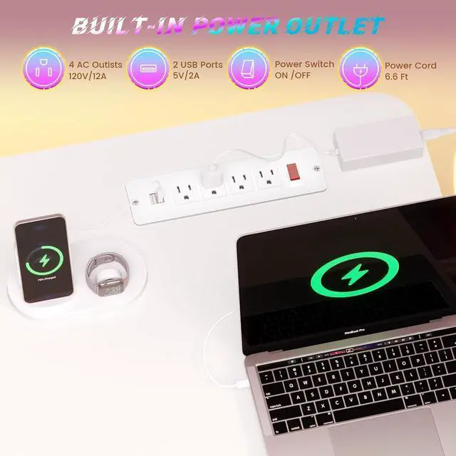 Alt view image 7 of 7 - Small Standing Gaming Desk, 31.5" Rolling Computer PC Desk Electric Height Adjustable with Power Outlet, Pegboard & Storage Shelves, RGB LED Light, for Small Spaces/Bedroom/Gaming, White