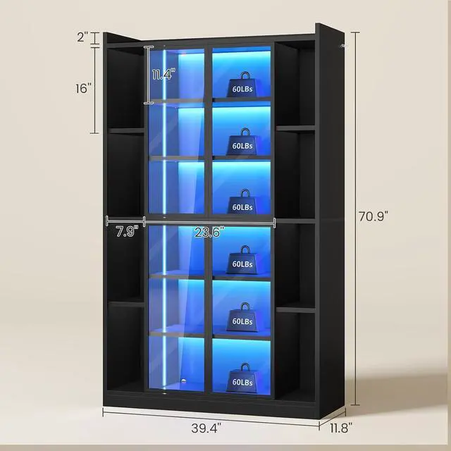 Alt view image 2 of 7 - 71" Display Cabinet with Acrylic Glass Doors, 6 Tier Display Cases for Collectibles, Curio Cabinet with LED Lights, Tall Bookcase with Adjustable Shelves, Black