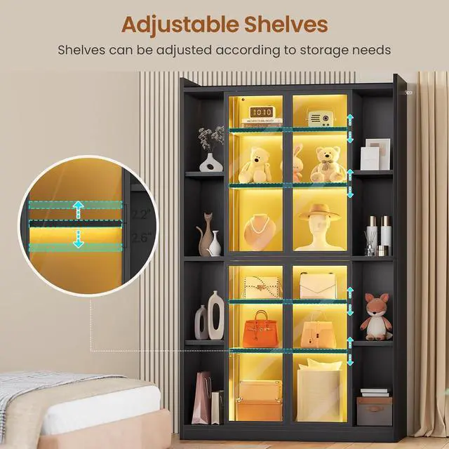 Alt view image 4 of 7 - 71" Display Cabinet with Acrylic Glass Doors, 6 Tier Display Cases for Collectibles, Curio Cabinet with LED Lights, Tall Bookcase with Adjustable Shelves, Black