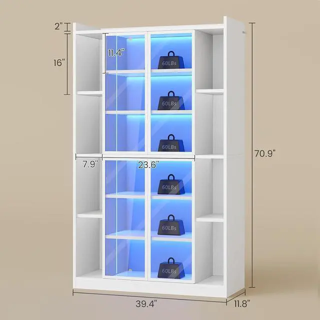 Alt view image 2 of 7 - 71" Display Cabinet with Acrylic Glass Doors, 6 Tier Curio Cabinet with LED Lights, Tall Bookcase with Adjustable Shelves, Display Cases for Collectibles, Bedroom, Living Room, Office, White