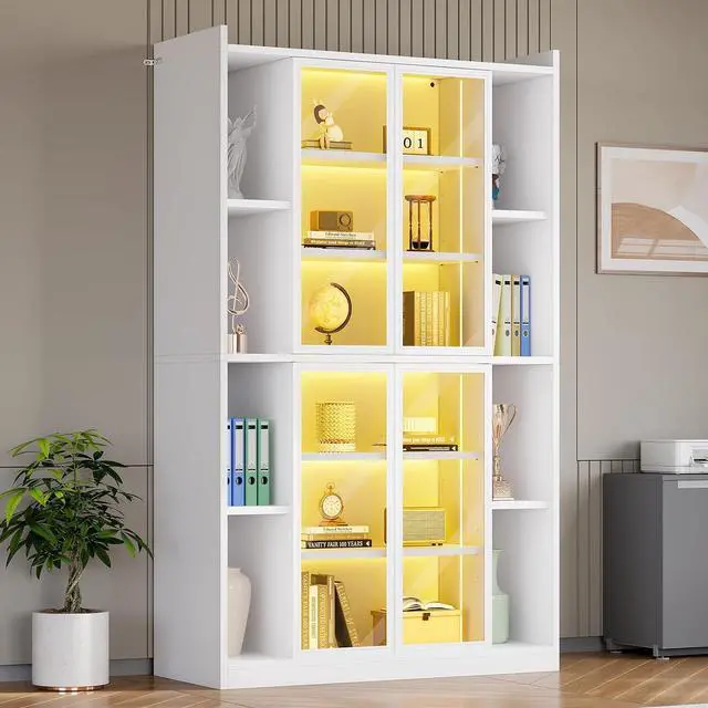 Alt view image 3 of 7 - 71" Display Cabinet with Acrylic Glass Doors, 6 Tier Curio Cabinet with LED Lights, Tall Bookcase with Adjustable Shelves, Display Cases for Collectibles, Bedroom, Living Room, Office, White