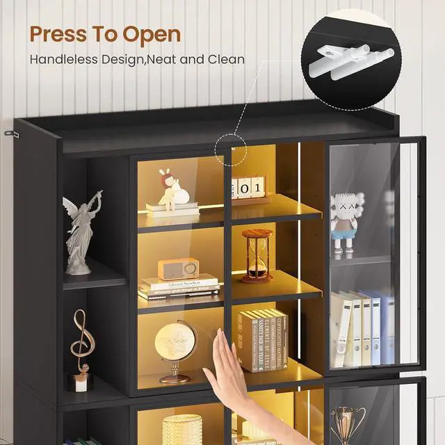 Alt view image 5 of 7 - 71" Display Cabinet with Acrylic Glass Doors, 6 Tier Display Cases for Collectibles, Curio Cabinet with LED Lights, Tall Bookcase with Adjustable Shelves, Black