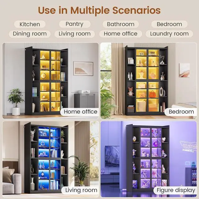 Alt view image 7 of 7 - 71" Display Cabinet with Acrylic Glass Doors, 6 Tier Display Cases for Collectibles, Curio Cabinet with LED Lights, Tall Bookcase with Adjustable Shelves, Black