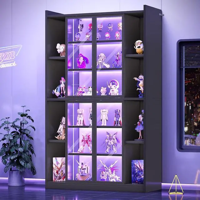 Alt view image 6 of 7 - 71" Display Cabinet with Acrylic Glass Doors, 6 Tier Display Cases for Collectibles, Curio Cabinet with LED Lights, Tall Bookcase with Adjustable Shelves, Black