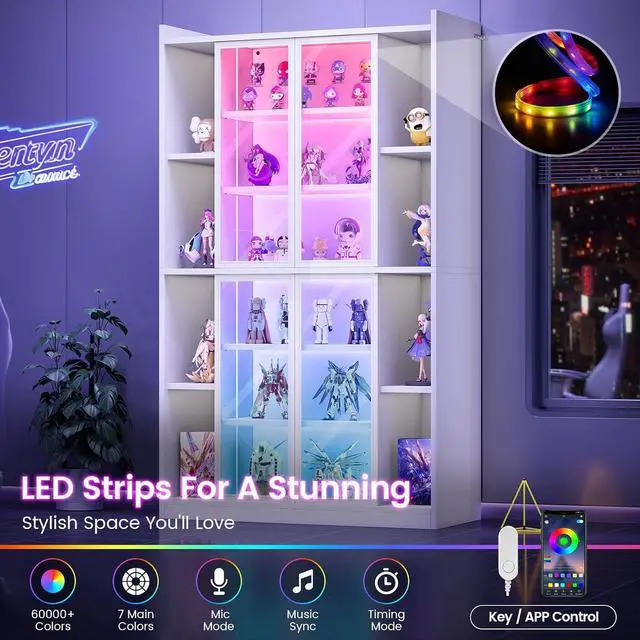 Alt view image 4 of 7 - 71" Display Cabinet with Acrylic Glass Doors, 6 Tier Curio Cabinet with LED Lights, Tall Bookcase with Adjustable Shelves, Display Cases for Collectibles, Bedroom, Living Room, Office, White
