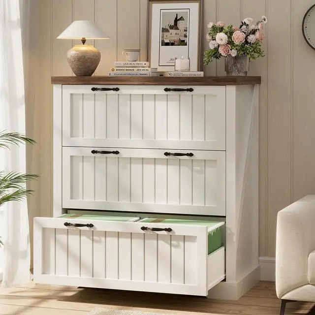 Alt view image 7 of 7 - 3 Drawer File Cabinet, Farmhouse Filing Cabinet for Home Office, Wood Office File Cabinets for Letter/Legal/A4 Size, Lateral File Cabinets with Printer Stand, White + Brown