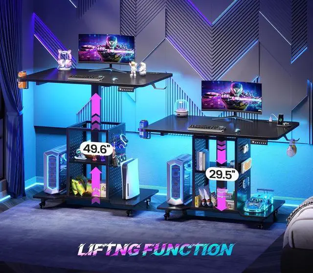 Alt view image 3 of 7 - Small Standing Gaming Desk, 31.5" Rolling Computer PC Desk Height Adjustable with Power Outlet, Pegboard & Storage Shelves, RGB LED Light, for Small Spaces/Bedroom/Gaming, Carbon Fiber Black