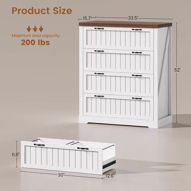 Alt view image 2 of 7 - Farmhouse 4 Drawer File Cabinet, Filing Cabinet for Home Office, Wood Office File Cabinets for Letter/Legal/A4 Size, File Cabinet Organizer for Study Room & Living Room, White and Brown