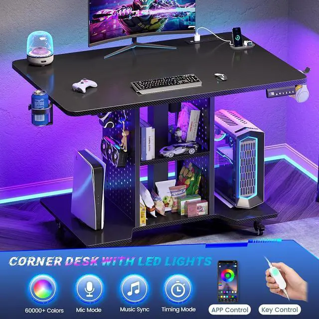 Alt view image 5 of 7 - Small Standing Gaming Desk, 31.5" Rolling Computer PC Desk Height Adjustable with Power Outlet, Pegboard & Storage Shelves, RGB LED Light, for Small Spaces/Bedroom/Gaming, Carbon Fiber Black