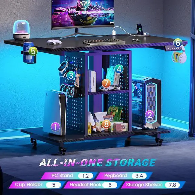 Alt view image 4 of 7 - Small Standing Gaming Desk, 31.5" Rolling Computer PC Desk Height Adjustable with Power Outlet, Pegboard & Storage Shelves, RGB LED Light, for Small Spaces/Bedroom/Gaming, Carbon Fiber Black
