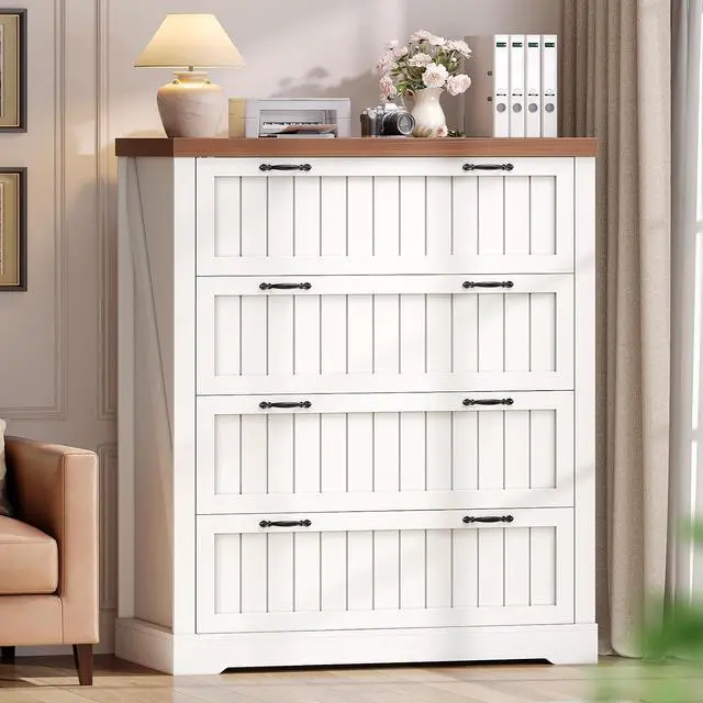 Main image of Farmhouse 4 Drawer File Cabinet, Filing Cabinet for Home Office, Wood Office File Cabinets for Letter/Legal/A4 Size, File Cabinet Organizer for Study Room & Living Room, White and Brown