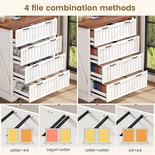 Alt view image 3 of 7 - Farmhouse 4 Drawer File Cabinet, Filing Cabinet for Home Office, Wood Office File Cabinets for Letter/Legal/A4 Size, File Cabinet Organizer for Study Room & Living Room, White and Brown