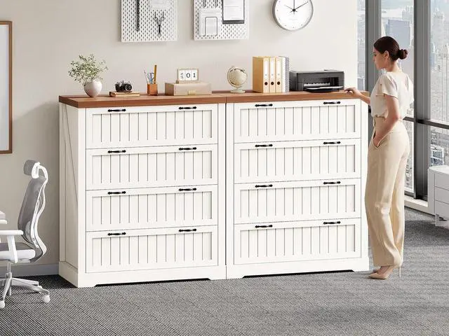 Alt view image 4 of 7 - Farmhouse 4 Drawer File Cabinet, Filing Cabinet for Home Office, Wood Office File Cabinets for Letter/Legal/A4 Size, File Cabinet Organizer for Study Room & Living Room, White and Brown