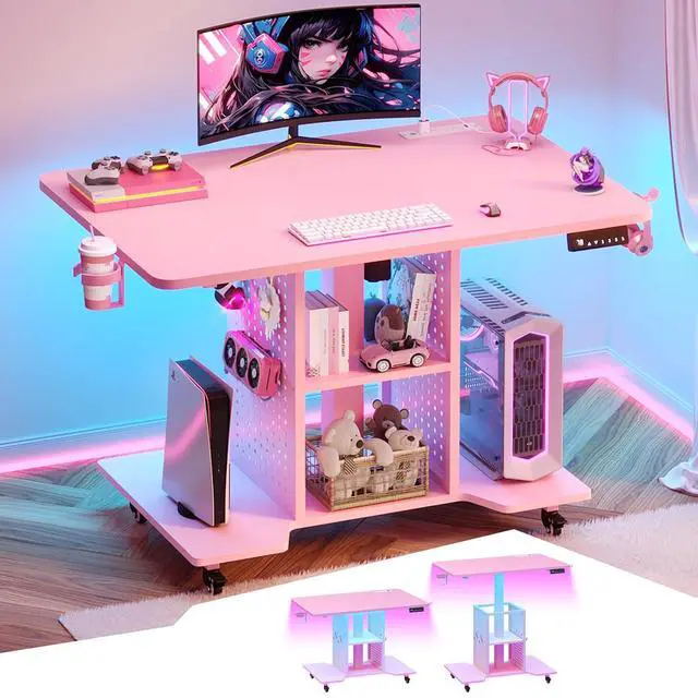 Main image of Small Standing Gaming Desk, 31.5" Rolling Computer PC Desk Electric Height Adjustable with Power Outlet, Pegboard & Storage Shelves, LED Light, for Small Spaces/Bedroom/Gaming/Girl Room, Pink