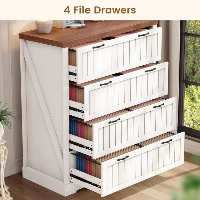 Alt view image 6 of 7 - Farmhouse 4 Drawer File Cabinet, Filing Cabinet for Home Office, Wood Office File Cabinets for Letter/Legal/A4 Size, File Cabinet Organizer for Study Room & Living Room, White and Brown