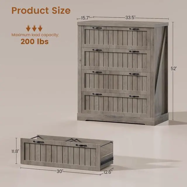 Alt view image 2 of 7 - Farmhouse 4 Drawer File Cabinet, Filing Cabinet for Home Office, Wood Office File Cabinets for Letter/Legal/A4 Size, File Cabinet Organizer with Printer Stand for Study Room, Living Room, Grey