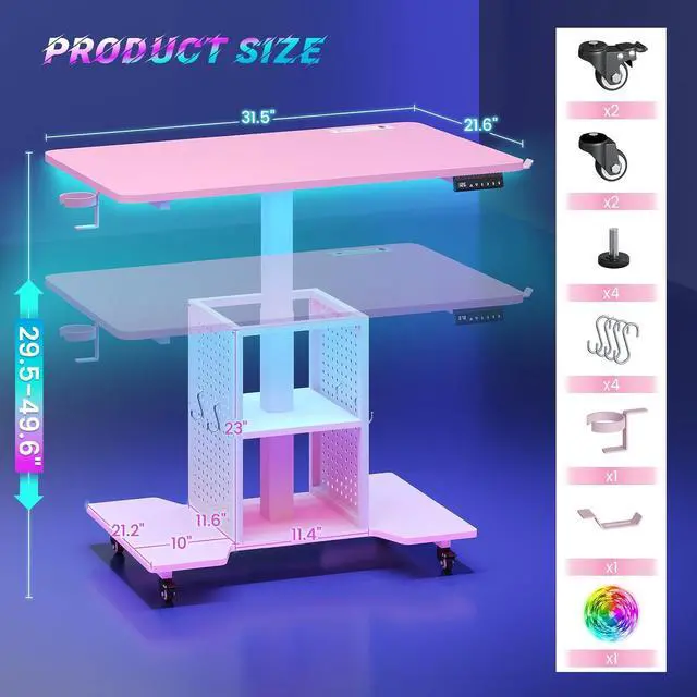 Alt view image 2 of 7 - Small Standing Gaming Desk, 31.5" Rolling Computer PC Desk Electric Height Adjustable with Power Outlet, Pegboard & Storage Shelves, LED Light, for Small Spaces/Bedroom/Gaming/Girl Room, Pink
