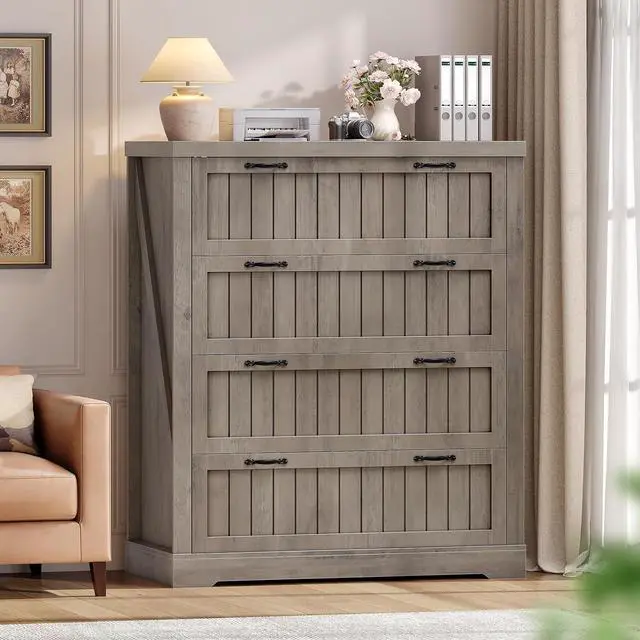 Main image of Farmhouse 4 Drawer File Cabinet, Filing Cabinet for Home Office, Wood Office File Cabinets for Letter/Legal/A4 Size, File Cabinet Organizer with Printer Stand for Study Room, Living Room, Grey