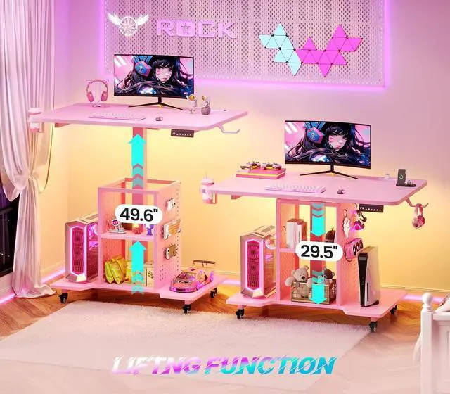 Alt view image 3 of 7 - Small Standing Gaming Desk, 31.5" Rolling Computer PC Desk Electric Height Adjustable with Power Outlet, Pegboard & Storage Shelves, LED Light, for Small Spaces/Bedroom/Gaming/Girl Room, Pink