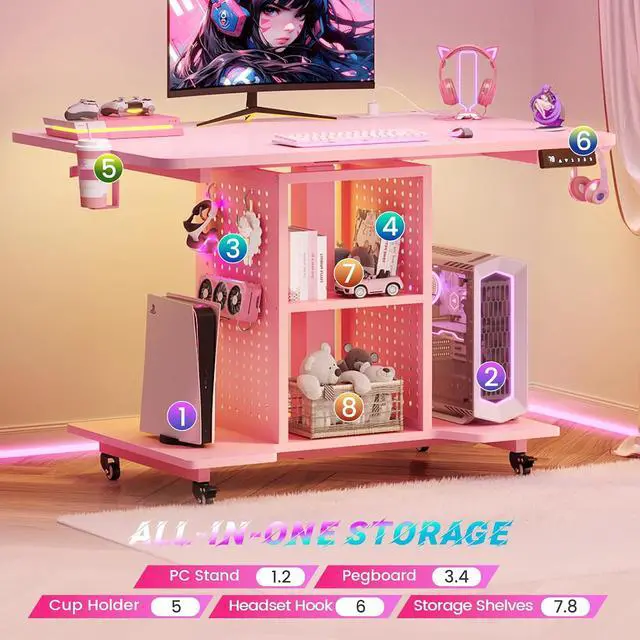 Alt view image 4 of 7 - Small Standing Gaming Desk, 31.5" Rolling Computer PC Desk Electric Height Adjustable with Power Outlet, Pegboard & Storage Shelves, LED Light, for Small Spaces/Bedroom/Gaming/Girl Room, Pink