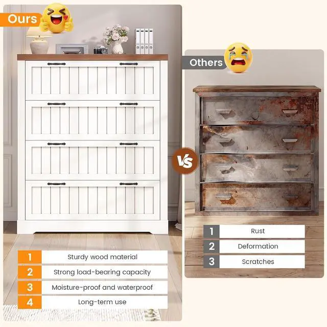 Alt view image 5 of 7 - Farmhouse 4 Drawer File Cabinet, Filing Cabinet for Home Office, Wood Office File Cabinets for Letter/Legal/A4 Size, File Cabinet Organizer for Study Room & Living Room, White and Brown