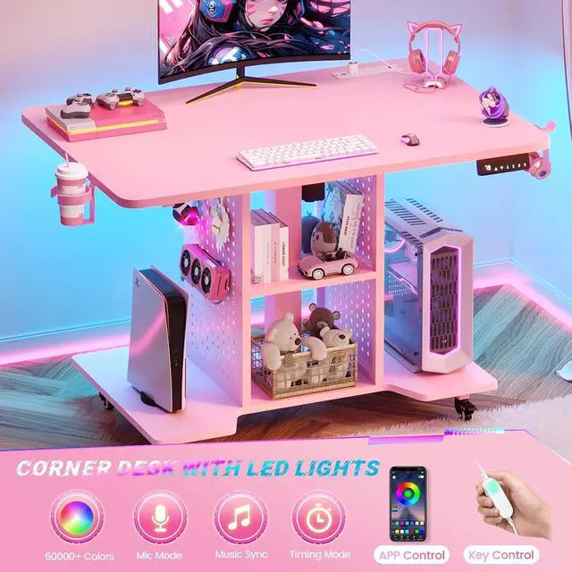 Alt view image 5 of 7 - Small Standing Gaming Desk, 31.5" Rolling Computer PC Desk Electric Height Adjustable with Power Outlet, Pegboard & Storage Shelves, LED Light, for Small Spaces/Bedroom/Gaming/Girl Room, Pink