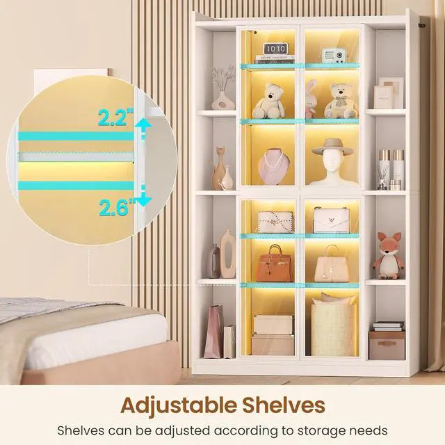 Alt view image 5 of 7 - 71" Display Cabinet with Acrylic Glass Doors, 6 Tier Curio Cabinet with LED Lights, Tall Bookcase with Adjustable Shelves, Display Cases for Collectibles, Bedroom, Living Room, Office, White