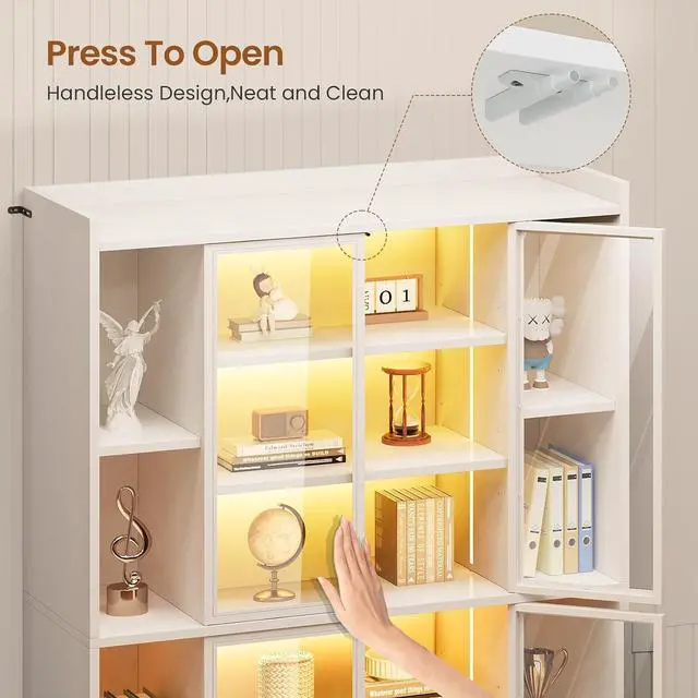 Alt view image 6 of 7 - 71" Display Cabinet with Acrylic Glass Doors, 6 Tier Curio Cabinet with LED Lights, Tall Bookcase with Adjustable Shelves, Display Cases for Collectibles, Bedroom, Living Room, Office, White