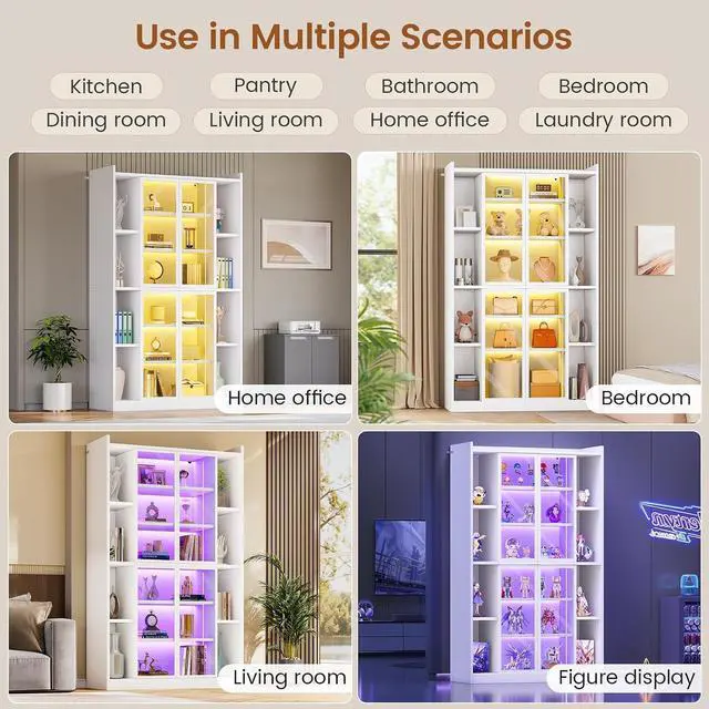 Alt view image 7 of 7 - 71" Display Cabinet with Acrylic Glass Doors, 6 Tier Curio Cabinet with LED Lights, Tall Bookcase with Adjustable Shelves, Display Cases for Collectibles, Bedroom, Living Room, Office, White