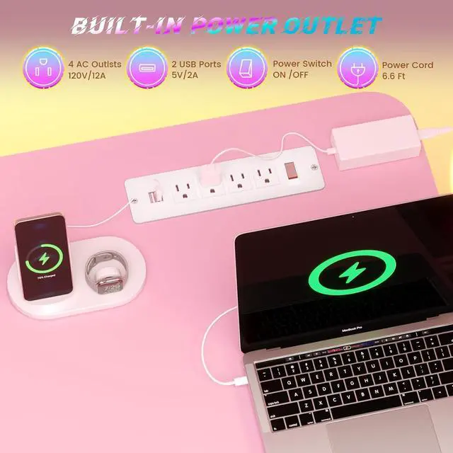 Alt view image 6 of 7 - Small Standing Gaming Desk, 31.5" Rolling Computer PC Desk Electric Height Adjustable with Power Outlet, Pegboard & Storage Shelves, LED Light, for Small Spaces/Bedroom/Gaming/Girl Room, Pink