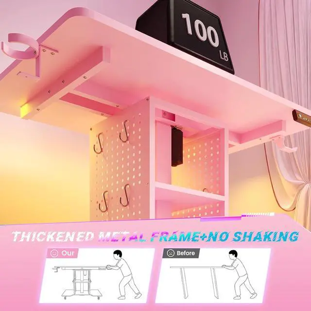 Alt view image 7 of 7 - Small Standing Gaming Desk, 31.5" Rolling Computer PC Desk Electric Height Adjustable with Power Outlet, Pegboard & Storage Shelves, LED Light, for Small Spaces/Bedroom/Gaming/Girl Room, Pink