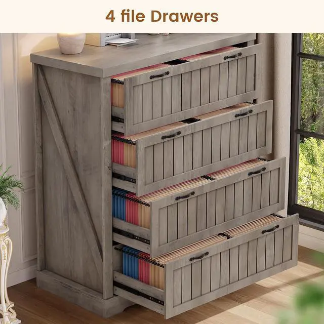 Alt view image 3 of 7 - Farmhouse 4 Drawer File Cabinet, Filing Cabinet for Home Office, Wood Office File Cabinets for Letter/Legal/A4 Size, File Cabinet Organizer with Printer Stand for Study Room, Living Room, Grey
