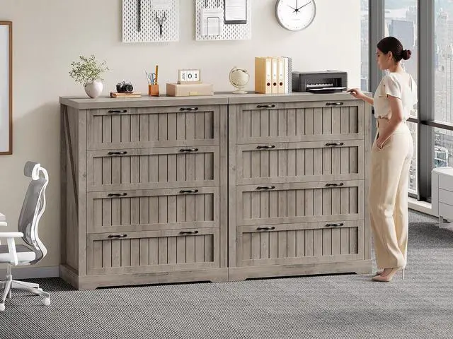 Alt view image 5 of 7 - Farmhouse 4 Drawer File Cabinet, Filing Cabinet for Home Office, Wood Office File Cabinets for Letter/Legal/A4 Size, File Cabinet Organizer with Printer Stand for Study Room, Living Room, Grey