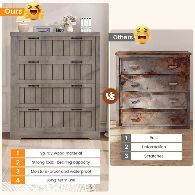 Alt view image 6 of 7 - Farmhouse 4 Drawer File Cabinet, Filing Cabinet for Home Office, Wood Office File Cabinets for Letter/Legal/A4 Size, File Cabinet Organizer with Printer Stand for Study Room, Living Room, Grey