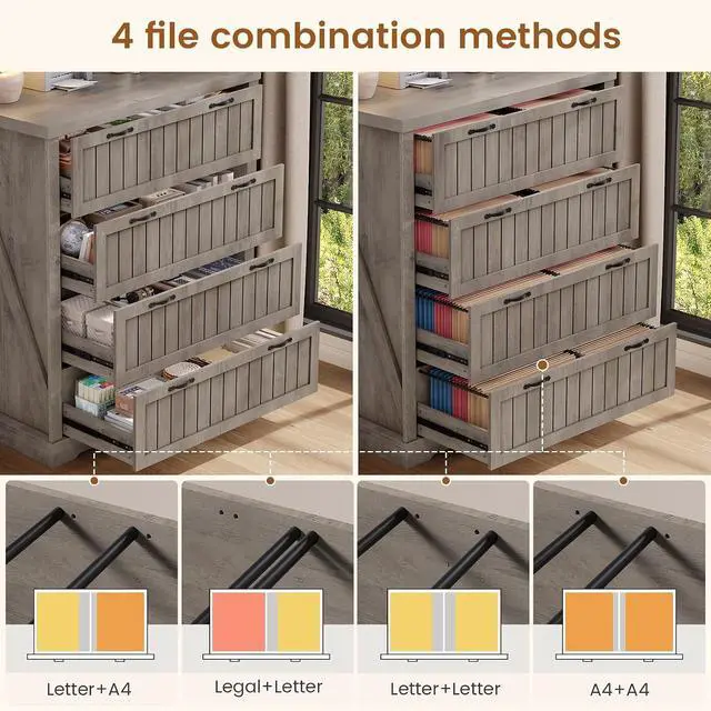 Alt view image 4 of 7 - Farmhouse 4 Drawer File Cabinet, Filing Cabinet for Home Office, Wood Office File Cabinets for Letter/Legal/A4 Size, File Cabinet Organizer with Printer Stand for Study Room, Living Room, Grey
