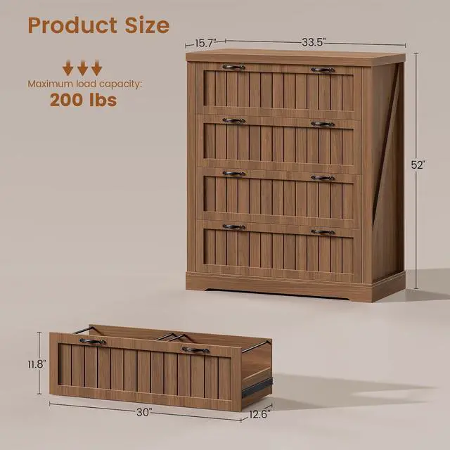 Alt view image 2 of 7 - Farmhouse 4 Drawer File Cabinet, Filing Cabinet for Home Office, Wood Office File Cabinets for Letter/Legal/A4 Size, File Cabinet Organizer with Printer Stand for Study Room, Living Room, Brown
