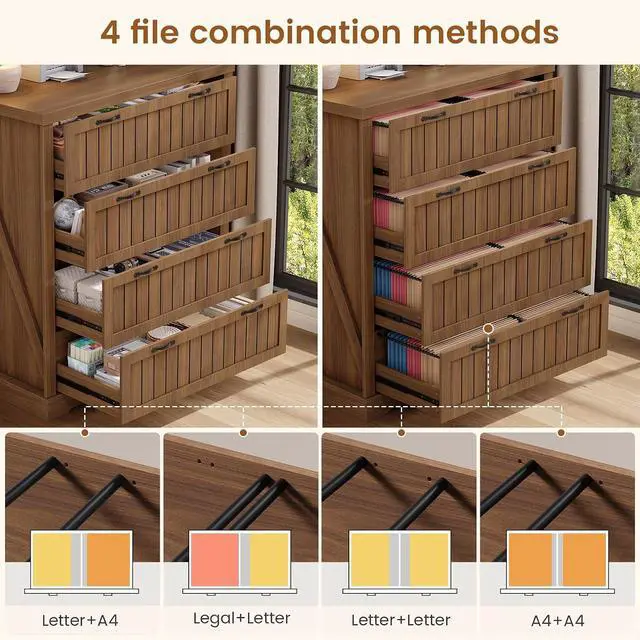 Alt view image 3 of 7 - Farmhouse 4 Drawer File Cabinet, Filing Cabinet for Home Office, Wood Office File Cabinets for Letter/Legal/A4 Size, File Cabinet Organizer with Printer Stand for Study Room, Living Room, Brown