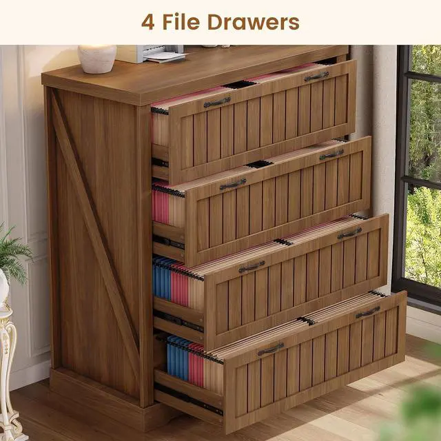 Alt view image 4 of 7 - Farmhouse 4 Drawer File Cabinet, Filing Cabinet for Home Office, Wood Office File Cabinets for Letter/Legal/A4 Size, File Cabinet Organizer with Printer Stand for Study Room, Living Room, Brown