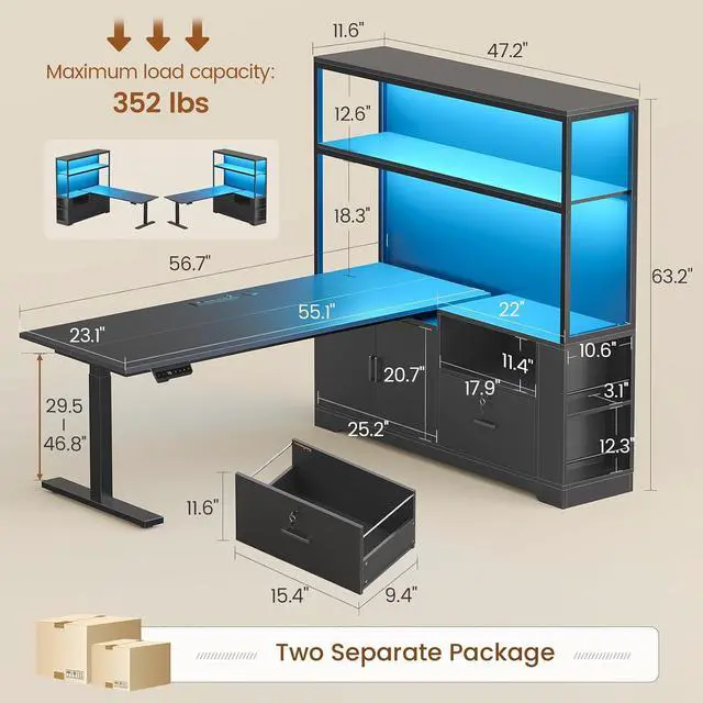 Alt view image 3 of 7 - 56.7" L Shaped Standing Desk, Reversible Computer Office Desk with Drawers & Hutch, Stand Up Corner Gaming Desks with LED Lights & Power Outlets for Home Office, Black