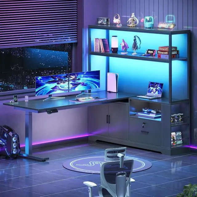 Alt view image 2 of 7 - 56.7" L Shaped Standing Desk, Reversible Computer Office Desk with Drawers & Hutch, Stand Up Corner Gaming Desks with LED Lights & Power Outlets for Home Office, Black