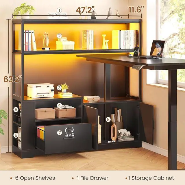Alt view image 4 of 7 - 56.7" L Shaped Standing Desk, Reversible Computer Office Desk with Drawers & Hutch, Stand Up Corner Gaming Desks with LED Lights & Power Outlets for Home Office, Black