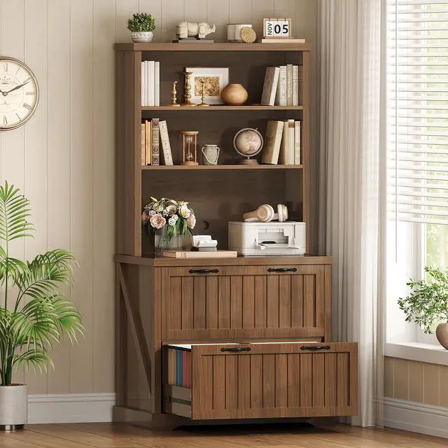 Main image of Farmhouse File Cabinet with 2 Drawers, Filing Cabinet for Home Office with Storage Shelves, Tall Office File Cabinets for Letter/Legal/A4 Size, Lateral File Cabinets with Printer Stand, Brown