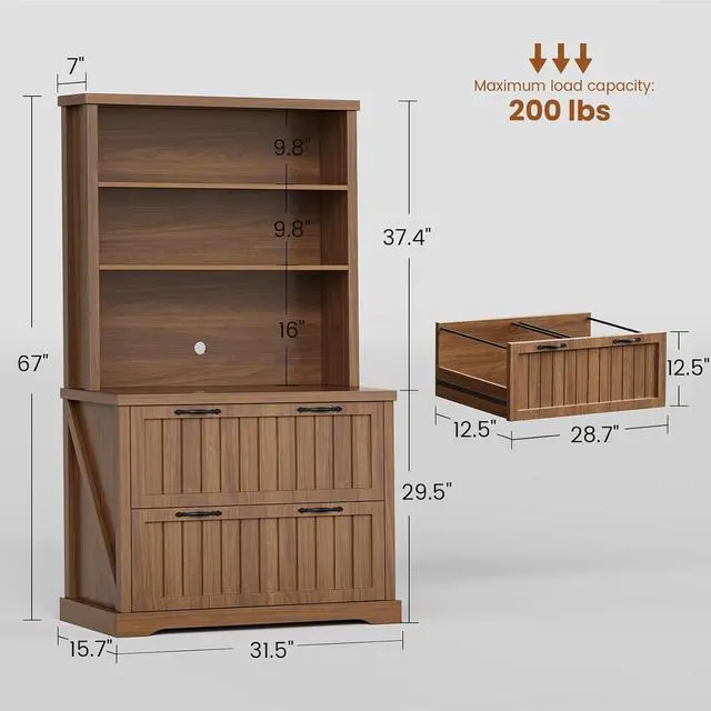 Alt view image 2 of 7 - Farmhouse File Cabinet with 2 Drawers, Filing Cabinet for Home Office with Storage Shelves, Tall Office File Cabinets for Letter/Legal/A4 Size, Lateral File Cabinets with Printer Stand, Brown