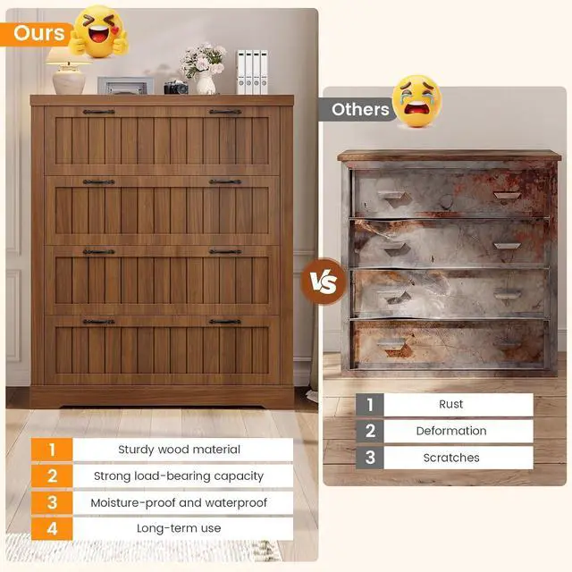 Alt view image 6 of 7 - Farmhouse 4 Drawer File Cabinet, Filing Cabinet for Home Office, Wood Office File Cabinets for Letter/Legal/A4 Size, File Cabinet Organizer with Printer Stand for Study Room, Living Room, Brown