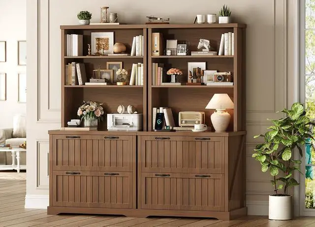 Alt view image 5 of 7 - Farmhouse File Cabinet with 2 Drawers, Filing Cabinet for Home Office with Storage Shelves, Tall Office File Cabinets for Letter/Legal/A4 Size, Lateral File Cabinets with Printer Stand, Brown