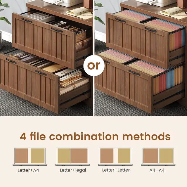 Alt view image 3 of 7 - Farmhouse File Cabinet with 2 Drawers, Filing Cabinet for Home Office with Storage Shelves, Tall Office File Cabinets for Letter/Legal/A4 Size, Lateral File Cabinets with Printer Stand, Brown