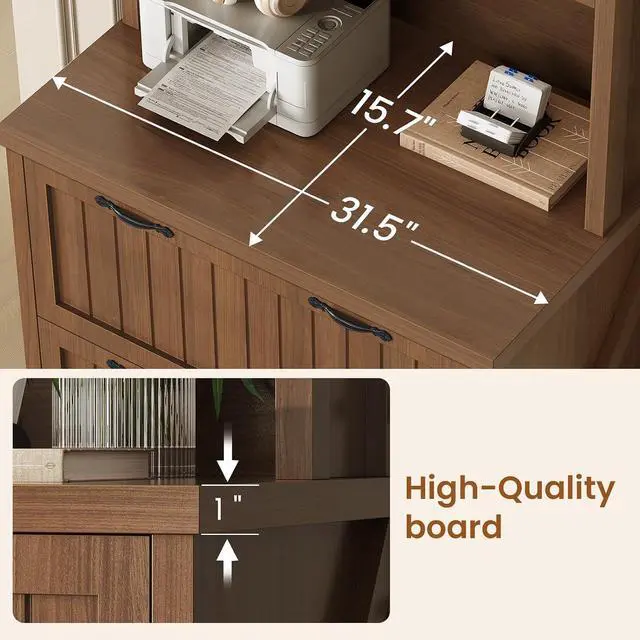 Alt view image 4 of 7 - Farmhouse File Cabinet with 2 Drawers, Filing Cabinet for Home Office with Storage Shelves, Tall Office File Cabinets for Letter/Legal/A4 Size, Lateral File Cabinets with Printer Stand, Brown