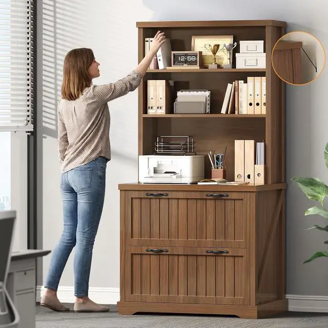 Alt view image 6 of 7 - Farmhouse File Cabinet with 2 Drawers, Filing Cabinet for Home Office with Storage Shelves, Tall Office File Cabinets for Letter/Legal/A4 Size, Lateral File Cabinets with Printer Stand, Brown