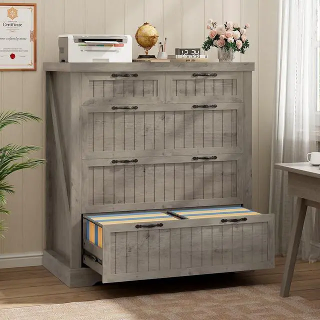 Main image of Filing Cabinet for Home Office, Farmhouse 5 Drawers File Cabinet, Wood Office File Cabinets for Letter/Legal/A4 Size, File Cabinets with Printer Stand for Study Room, Living Room, Grey
