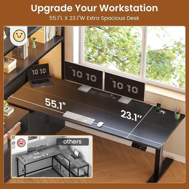 Alt view image 6 of 7 - 56.7" L Shaped Standing Desk, Reversible Computer Office Desk with Drawers & Hutch, Stand Up Corner Gaming Desks with LED Lights & Power Outlets for Home Office, Black